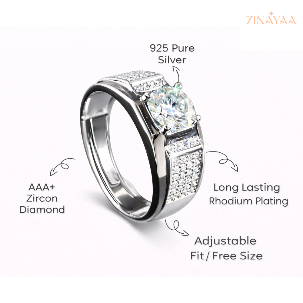 92.5 Sterling silver Mens Regal Radiance Adjustable Ring