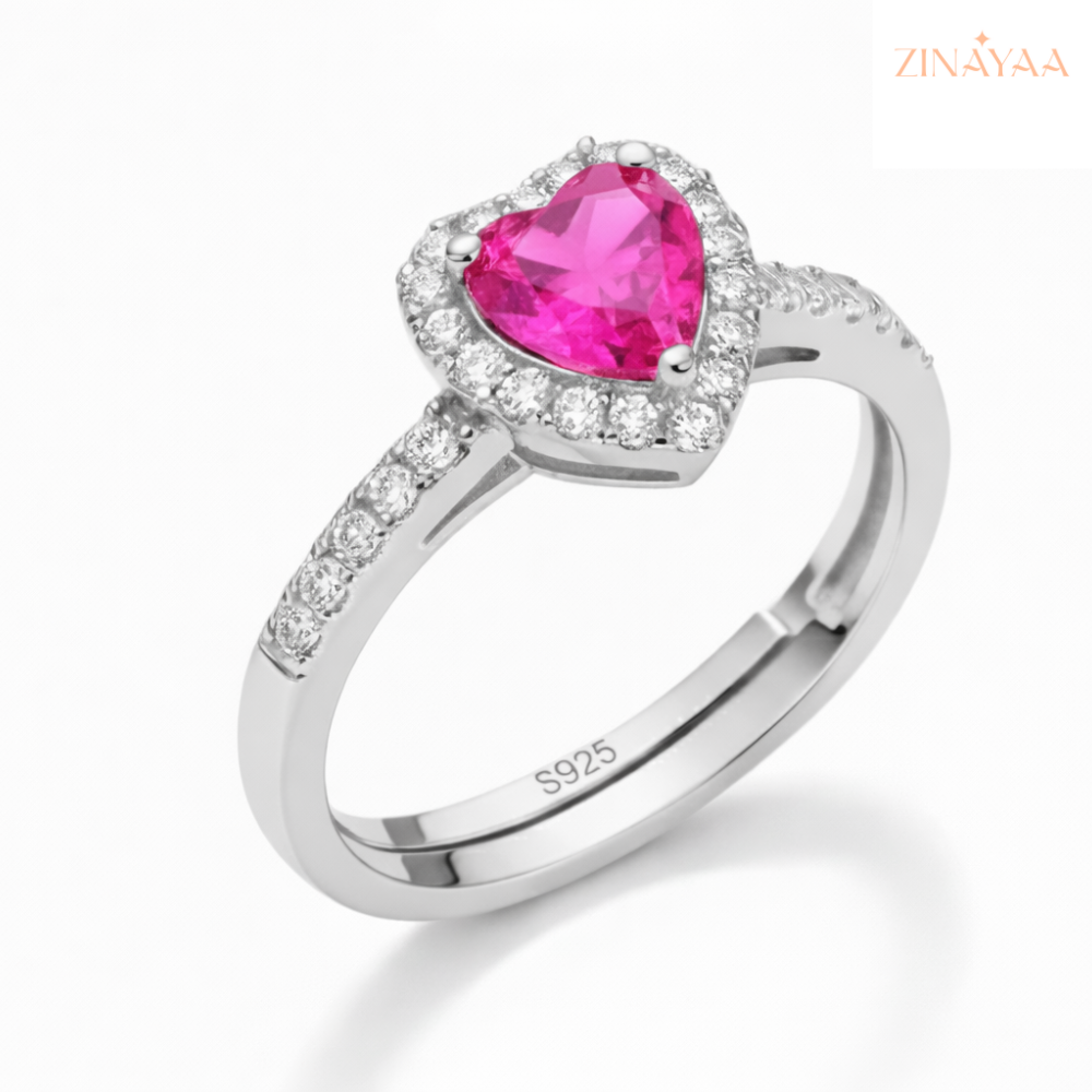 92.5 Sterling Silver Heart Halo Pink Stone Ring For Women
