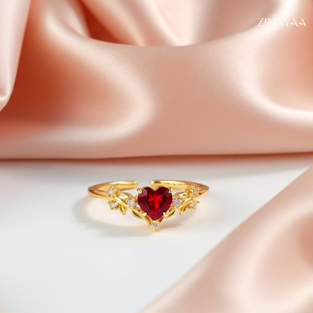 92.5 Sterling Silver Gold Heart-Cut Red Stone Ring For Women