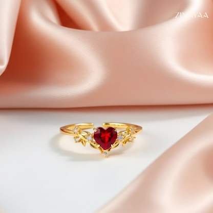 92.5 Sterling Silver Gold Heart-Cut Red Stone Ring For Women