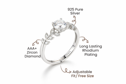 925 Sterling Silver Adjustable Infinity Solitaire Leaf Ring for Women