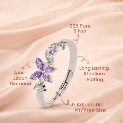 92.5 Sterling Silver Purple Floral Accent Ring For Women
