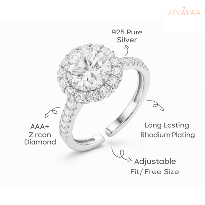92.5 Sterling Silver Adjustable Round Halo Solitaire Ring
