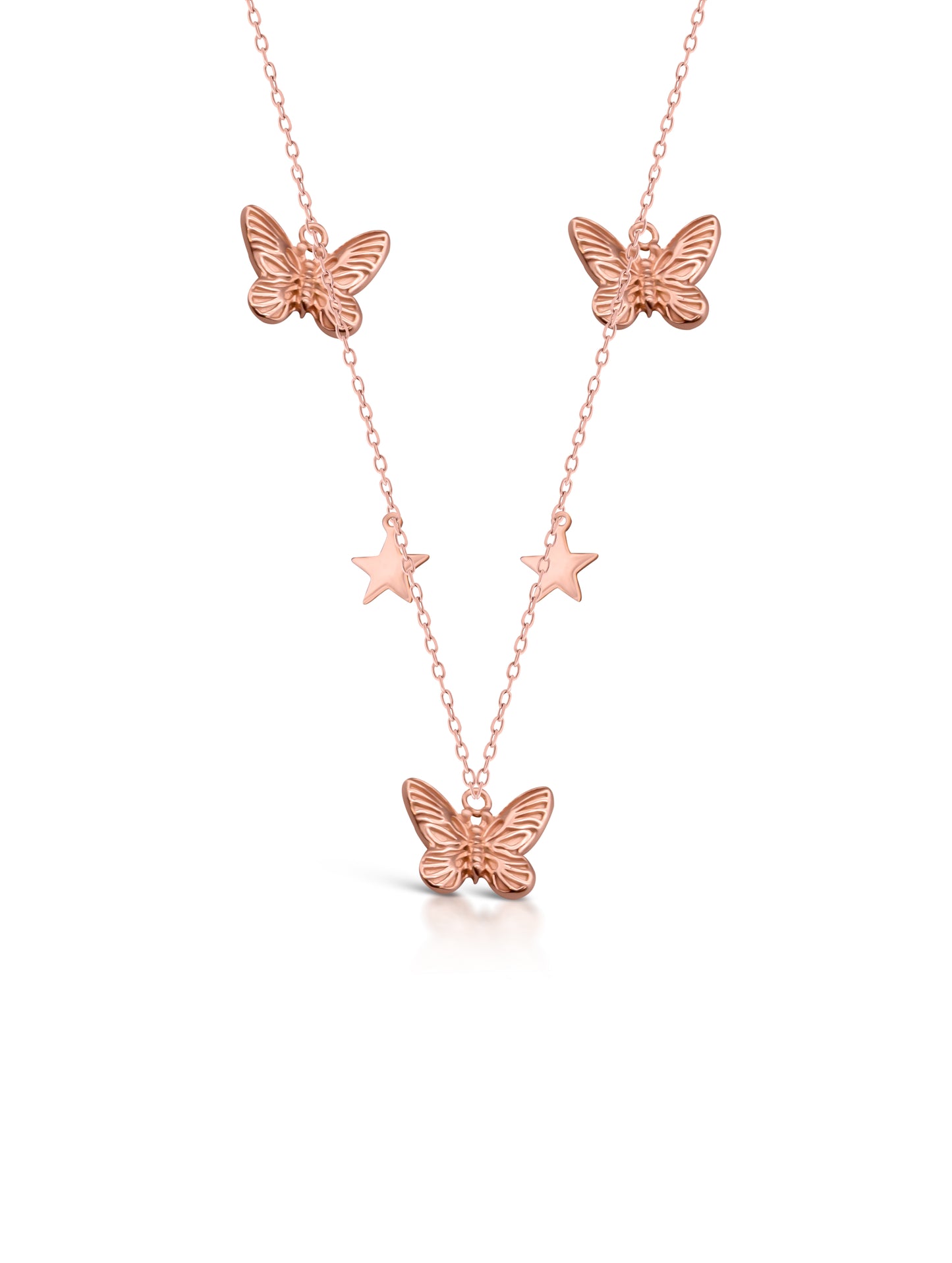 92.5 Sterling Silver Butterfly and Star Charm Necklace in Rose Gold