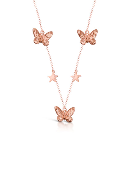 92.5 Sterling Silver Butterfly and Star Charm Necklace in Rose Gold