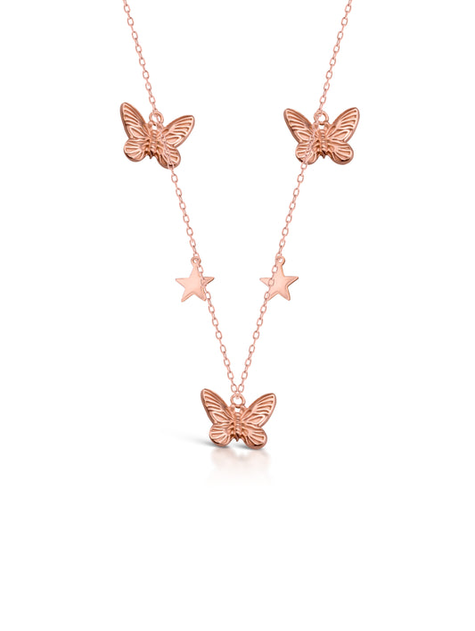 92.5 Sterling Silver Butterfly and Star Charm Necklace in Rose Gold