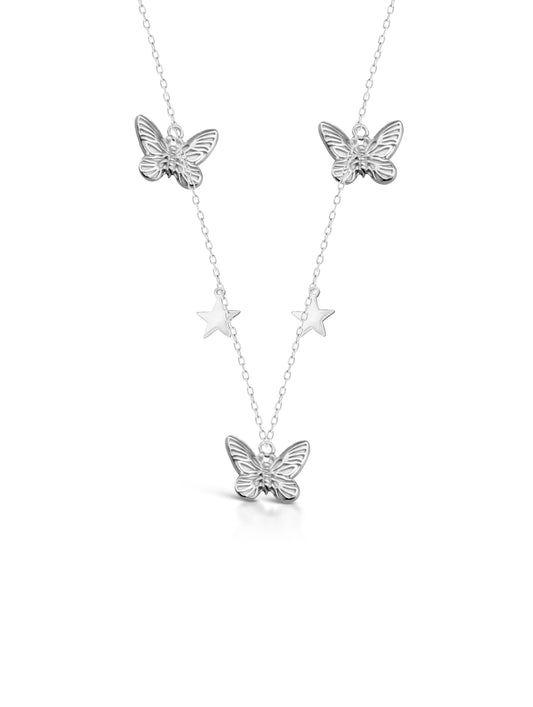 92.5 Sterling Silver Butterful and Star Charm Necklace