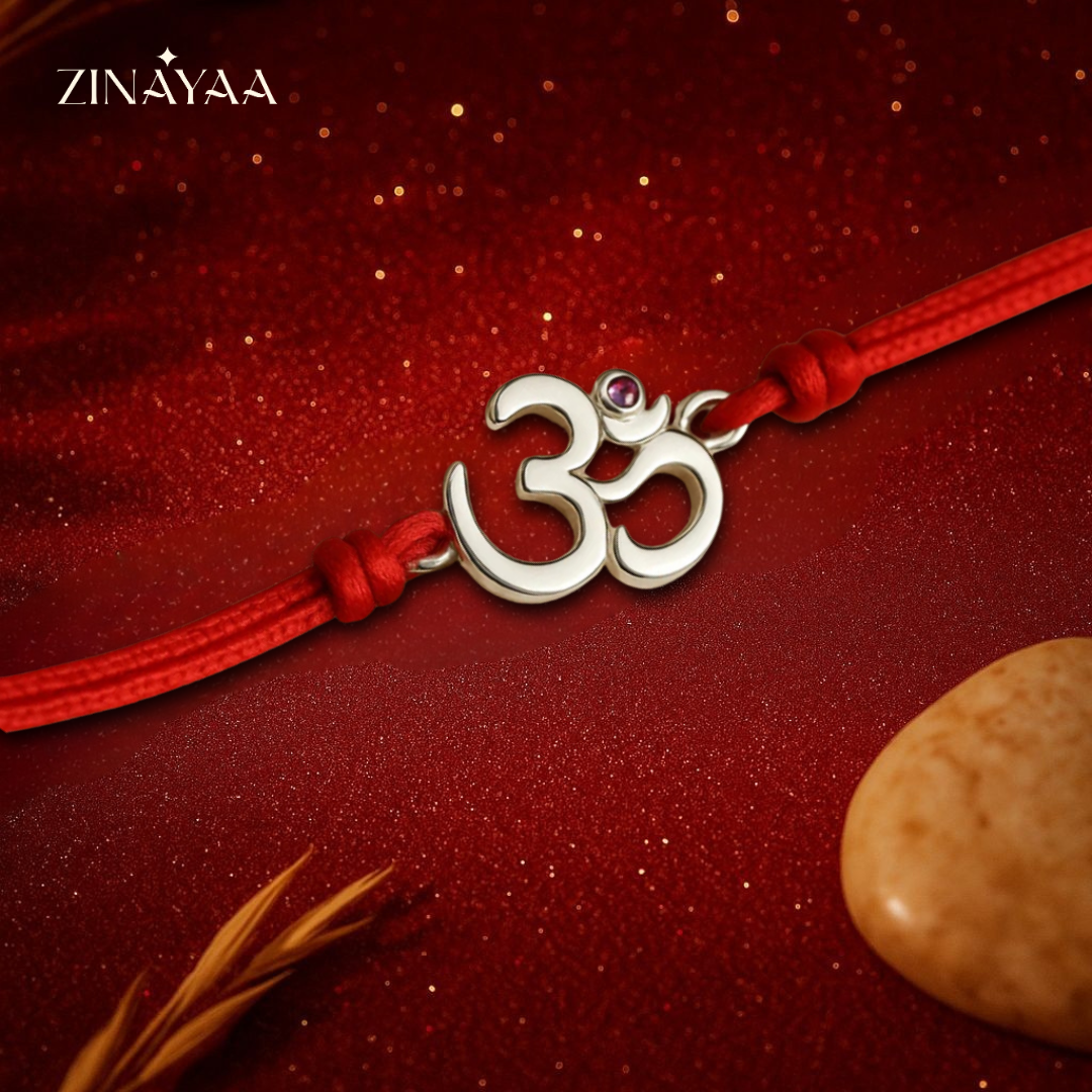 92.5 sterling silver om with red stud rakhi