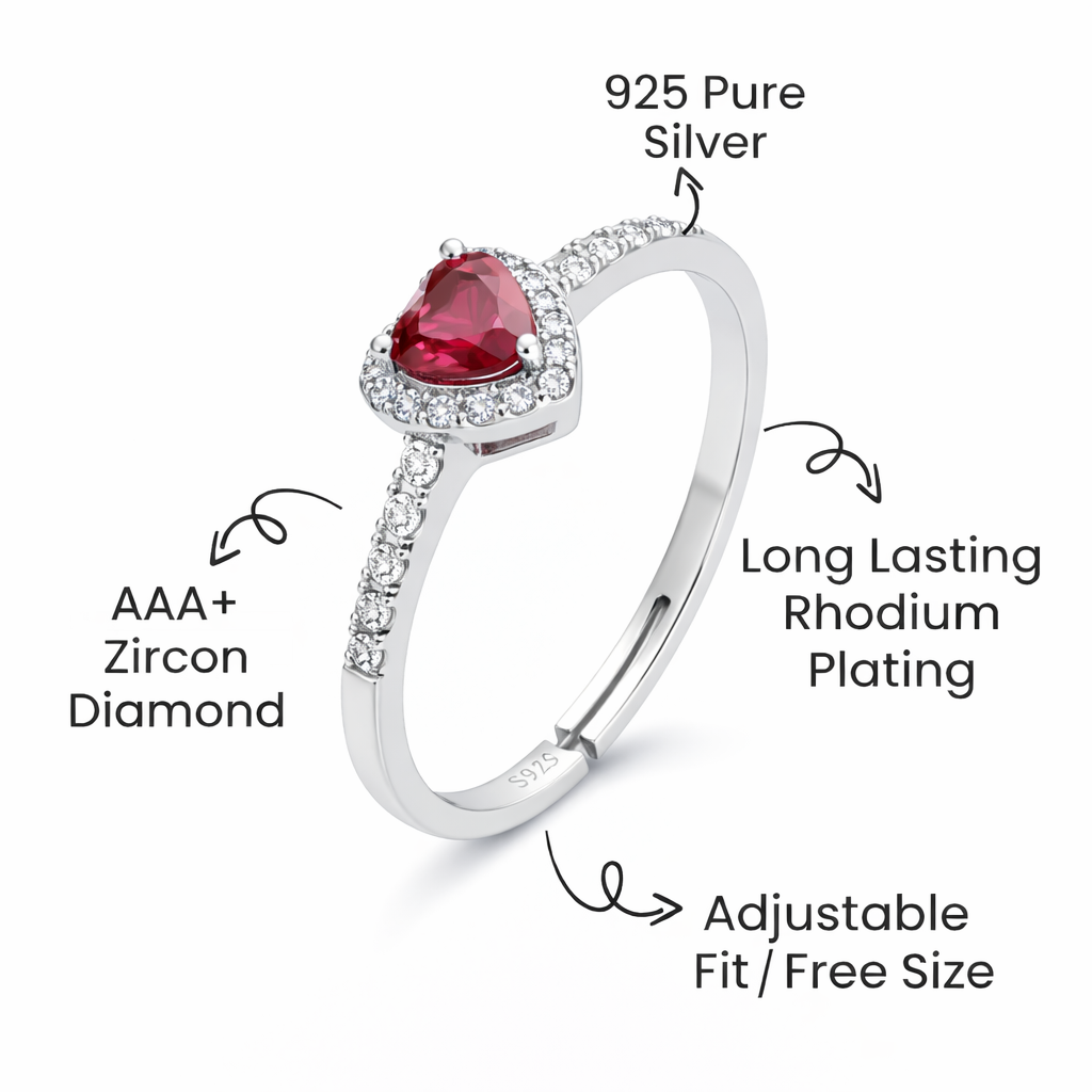 925 Sterling Silver Ruby heart Adjustable Ring for Women