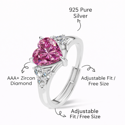 92.5 Sterling Silver Adjustable Three-Stone Pink Heart Ring