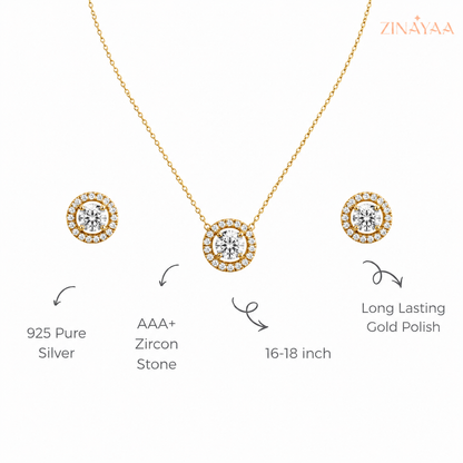 925 Sterling Silver Halo Sparkle Necklace & Stud Earrings Set
