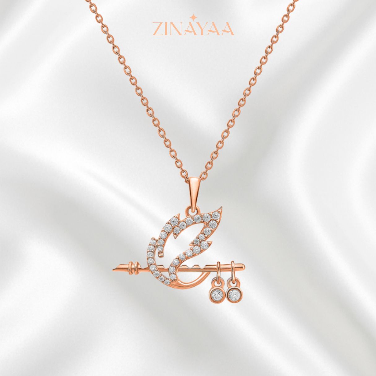 92.5 Sterling Silver Krishna's Flute Pendant with Chain in Rose Gold