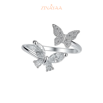 92.5 Sterling Silver Double Butterfly Adjustable Ring