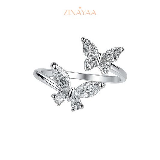 92.5 Sterling Silver Double Butterfly Adjustable Ring