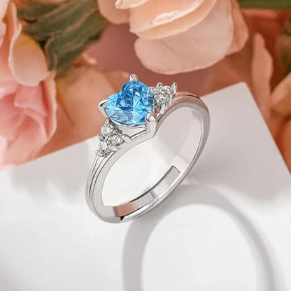 92.5 Sterling Silver Adjustable Blue Heart Three-Stone Ring
