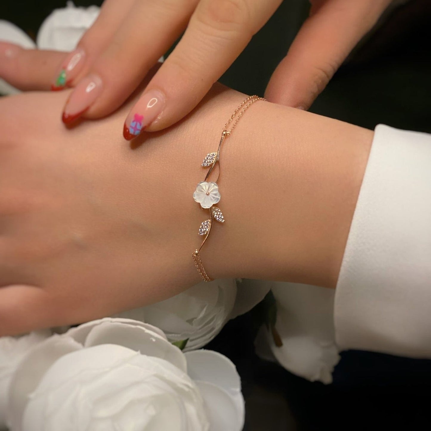 92.5 Sterling Silver Floral Rose Gold Bracelet