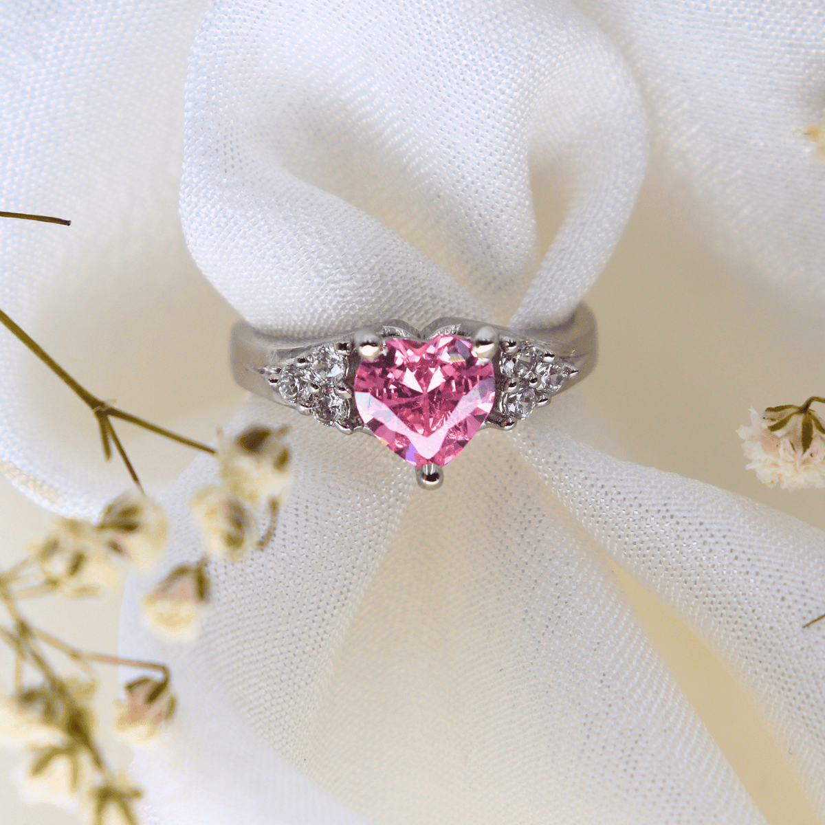 92.5 Sterling Silver Adjustable Three-Stone Pink Heart Ring