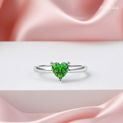 925 Sterling Silver Green Heart Solitaire Adjustable Ring