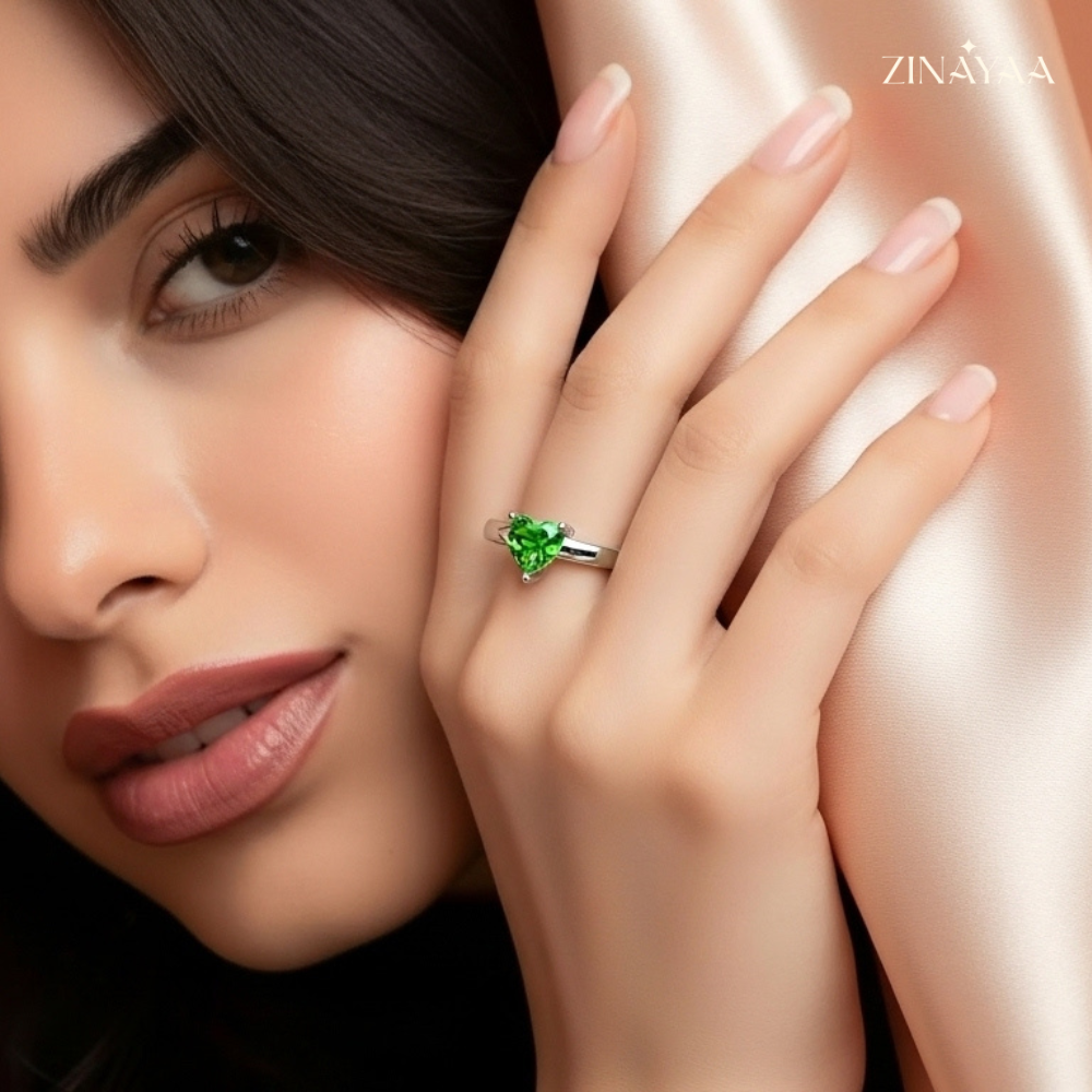 925 Sterling Silver Green Heart Solitaire Adjustable Ring