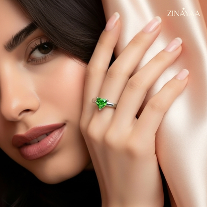 925 Sterling Silver Green Heart Solitaire Adjustable Ring