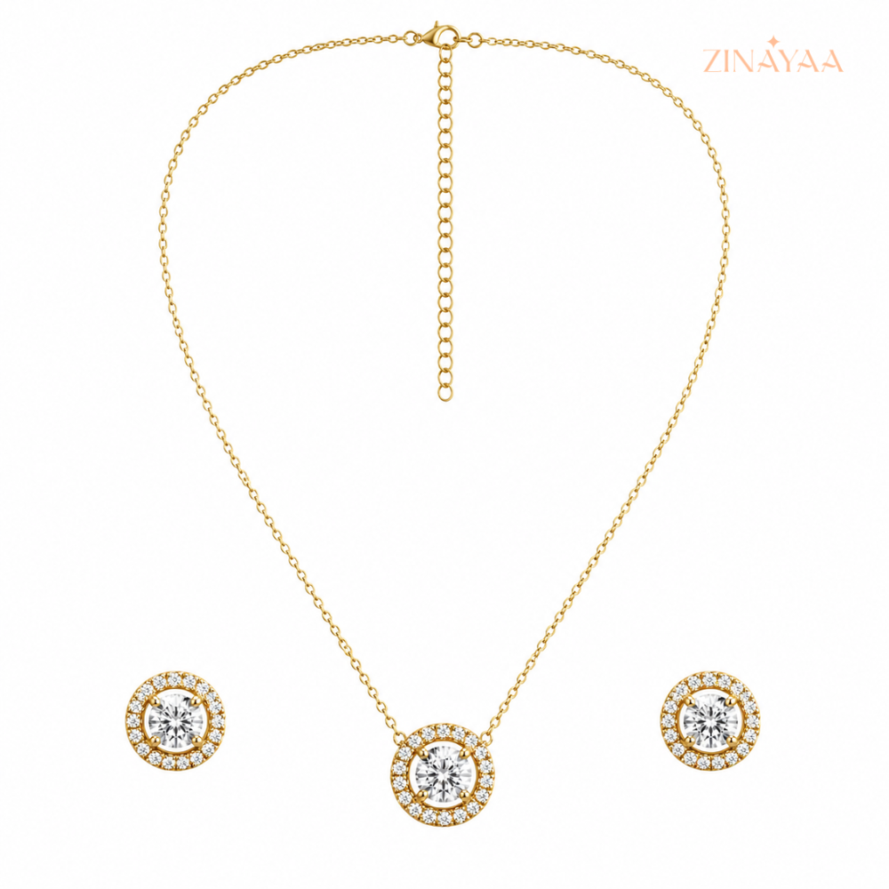 925 Sterling Silver Halo Sparkle Necklace & Stud Earrings Set