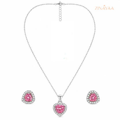 925 Sterling Silver Pink Heart Pendant Necklace & Earrings Set
