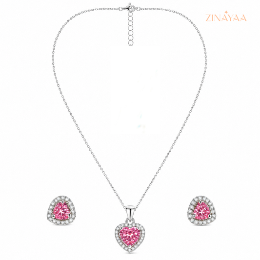 925 Sterling Silver Pink Heart Pendant Necklace & Earrings Set