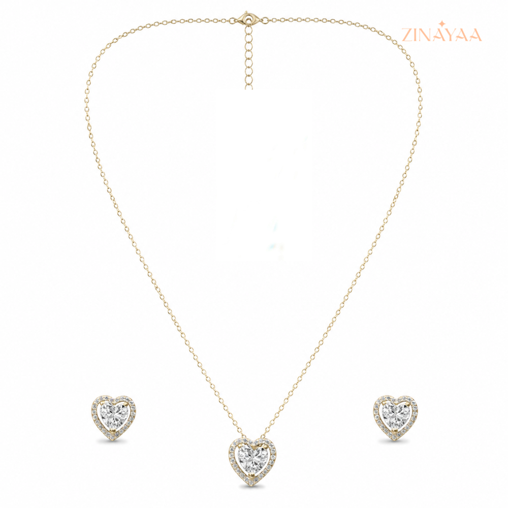 925 Sterling Silver Golden Heart Spark Necklace Set