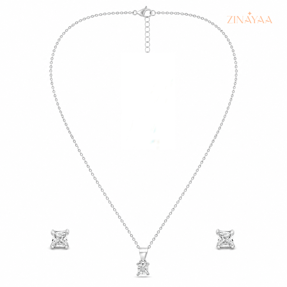 925 Sterling Silver Princess Cut Pendant & Stud Earrings Set