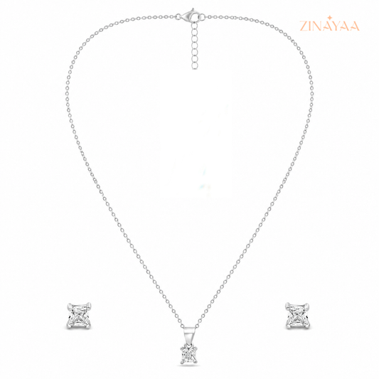 925 Sterling Silver Princess Cut Pendant & Stud Earrings Set