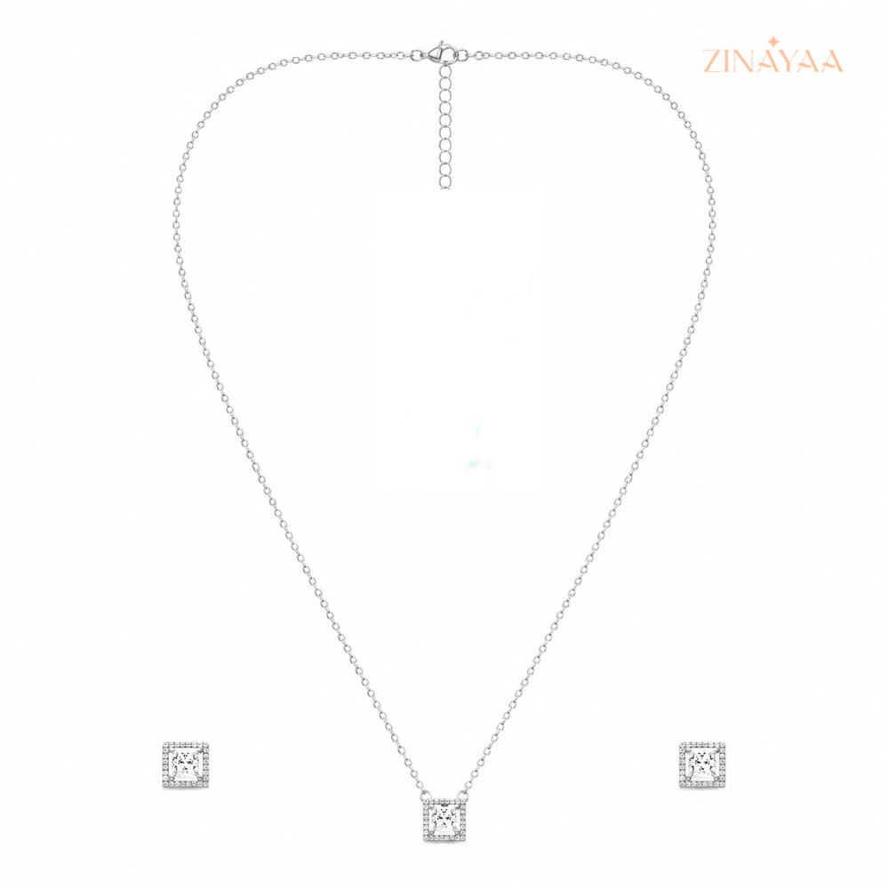 925 Sterling Silver Princess Halo Necklace & Earrings Set