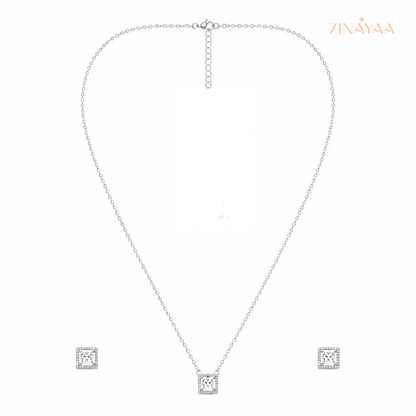 925 Sterling Silver Princess Halo Necklace & Earrings Set