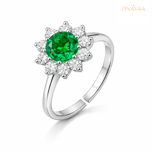 925 Sterling Silver Green Floral Halo Adjustable Ring