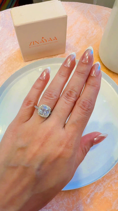 92.5 Sterling Silver Cushion Halo Solitaire Ring For Women