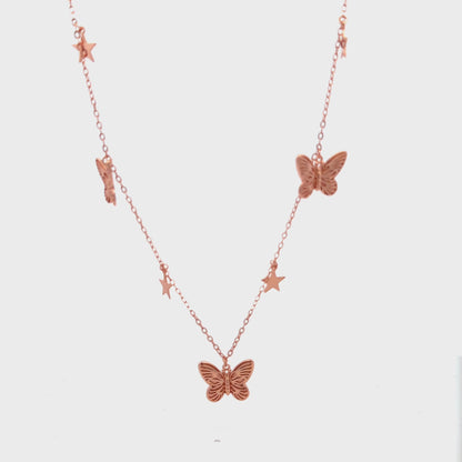 92.5 Sterling Silver Butterfly and Star Charm Necklace in Rose Gold