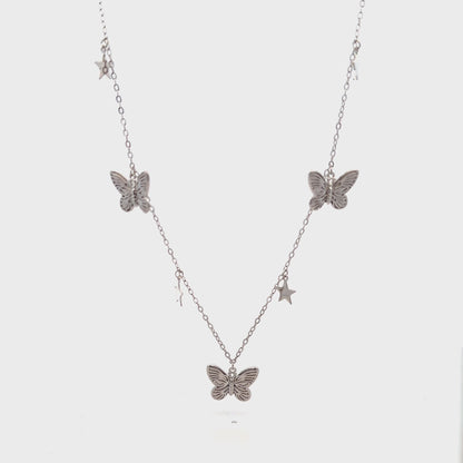 92.5 Sterling Silver Butterful and Star Charm Necklace