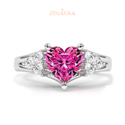 92.5 Sterling Silver Adjustable Three-Stone Pink Heart Ring